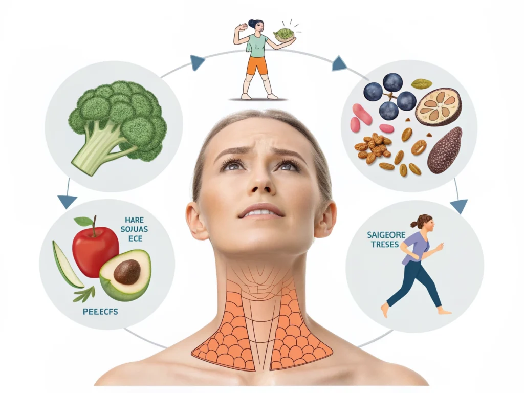 Thyroid health illustration depicting metabolism and energy with foods, exercise, and holistic care.