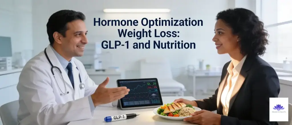 Physician consulting with patient on hormone optimization, GLP-1 therapy, and nutrition for weight loss.